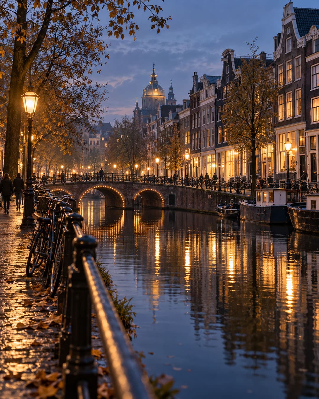 AI-generated canal-side cityscape inspired by Amsterdam at dusk