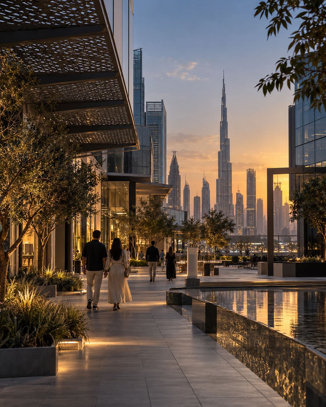 AI-generated modern cityscape inspired by Dubai at sunset