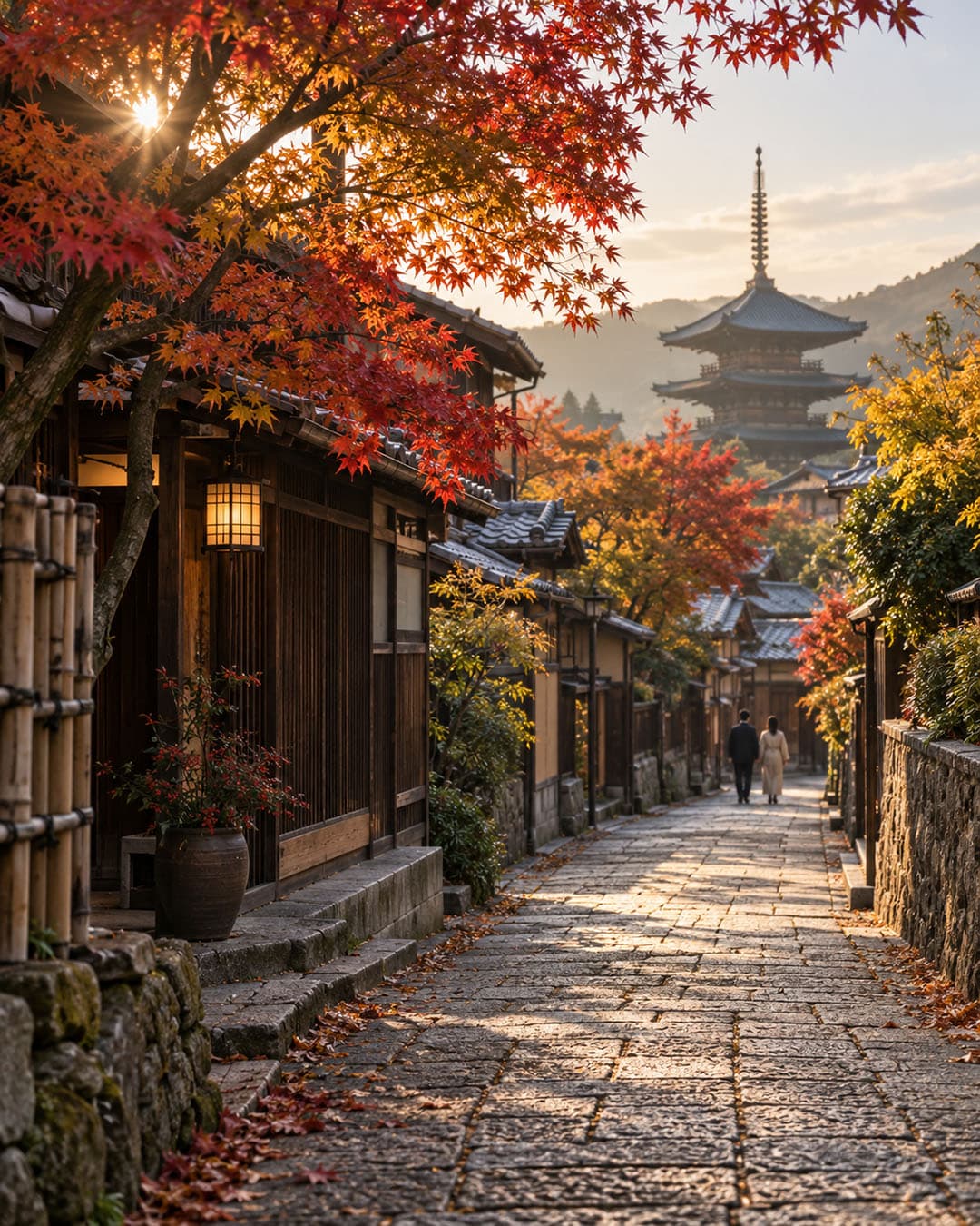 AI-generated autumn streetscape inspired by Kyoto