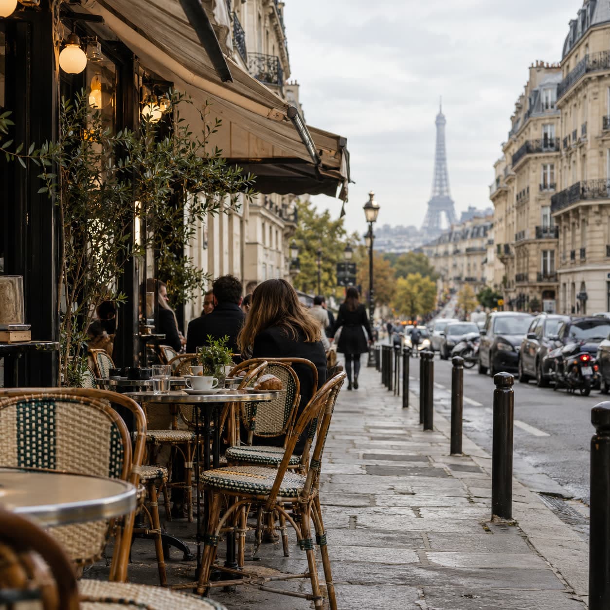 AI-generated illustration of a Paris sidewalk café and distant Eiffel Tower