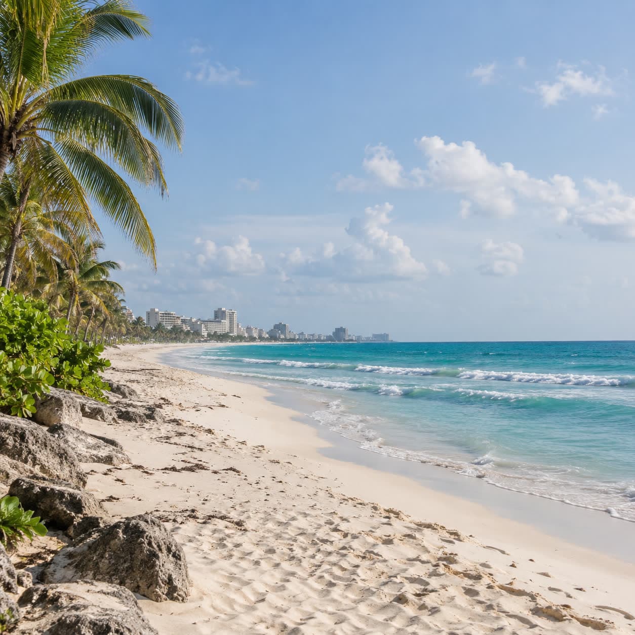 AI-generated illustration of a sunlit Caribbean coast in the Cancún region