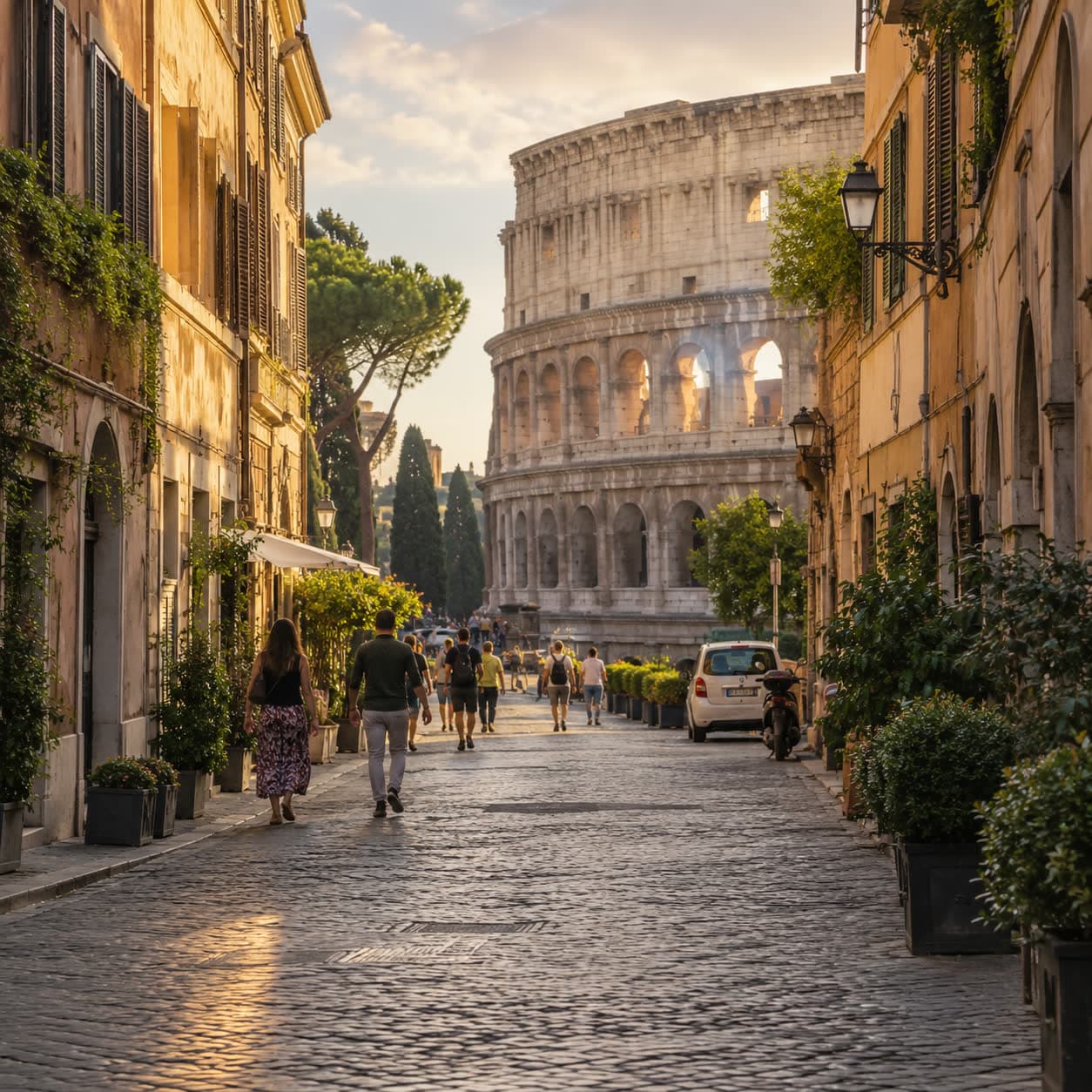 AI-generated illustration of a sunlit street leading toward Rome’s Colosseum
