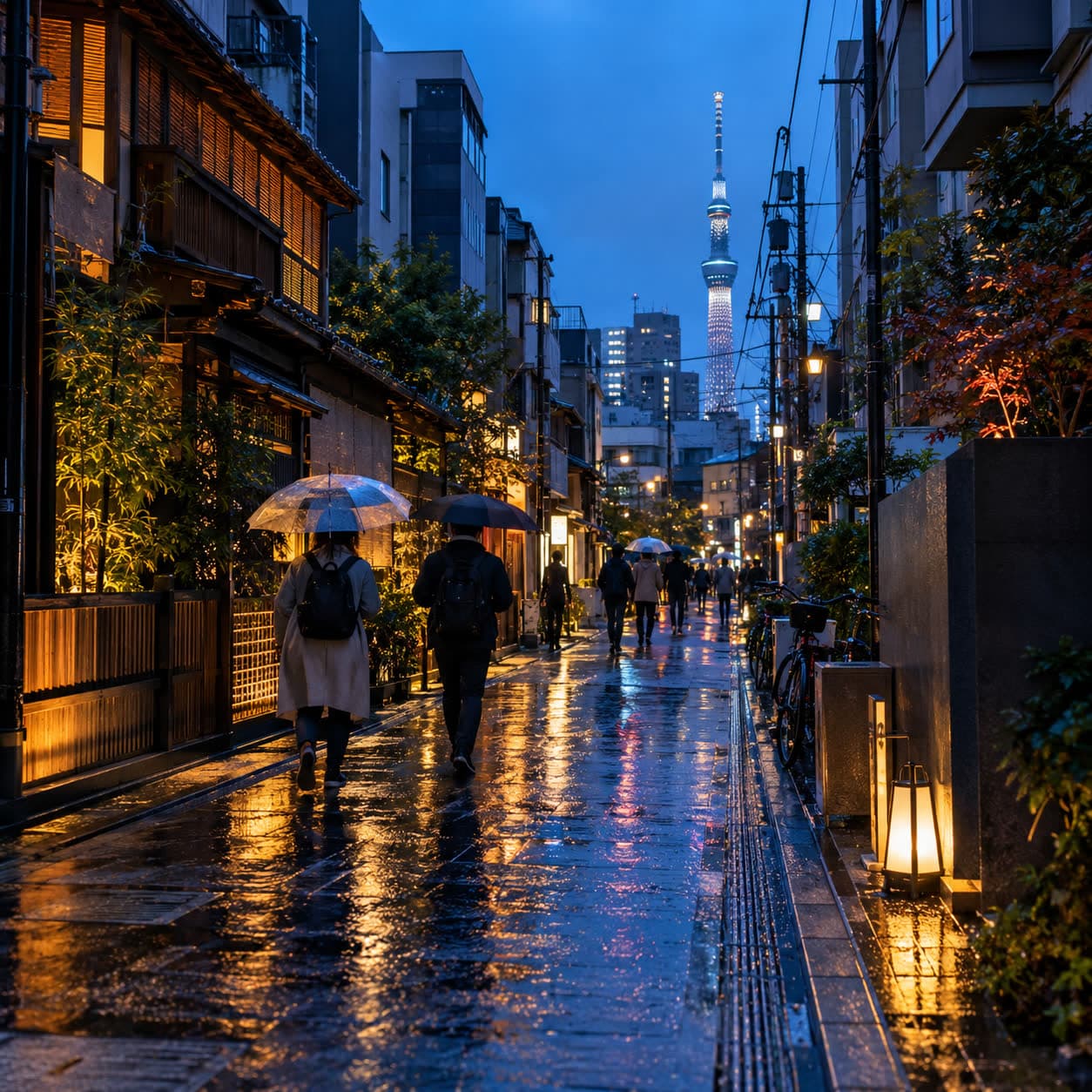 AI-generated illustration of a Tokyo street after rain at dusk